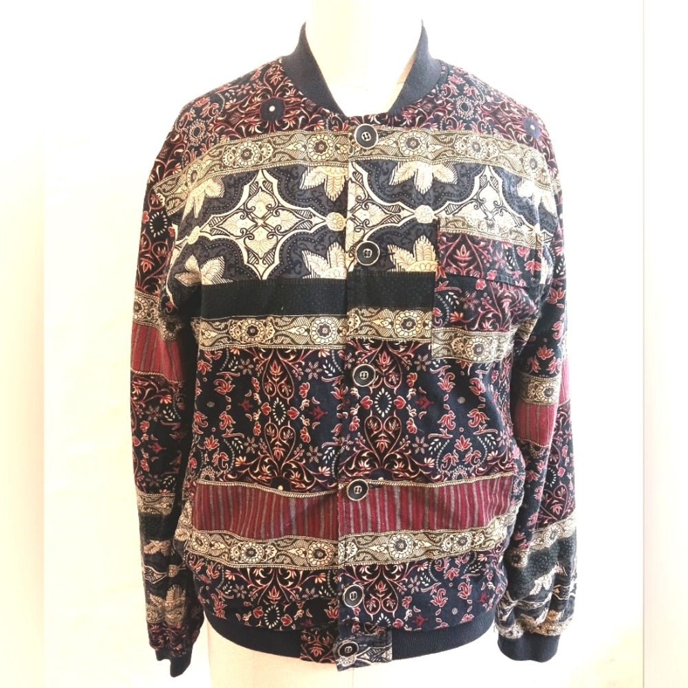Vintage cotton & flax dyed art print button up jacket. Medium.